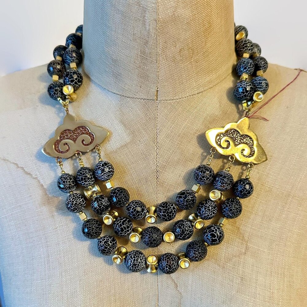 Saki Necklace, Designer, Black, Beads, Multi Strand, Glass, NOS, Matte Gold